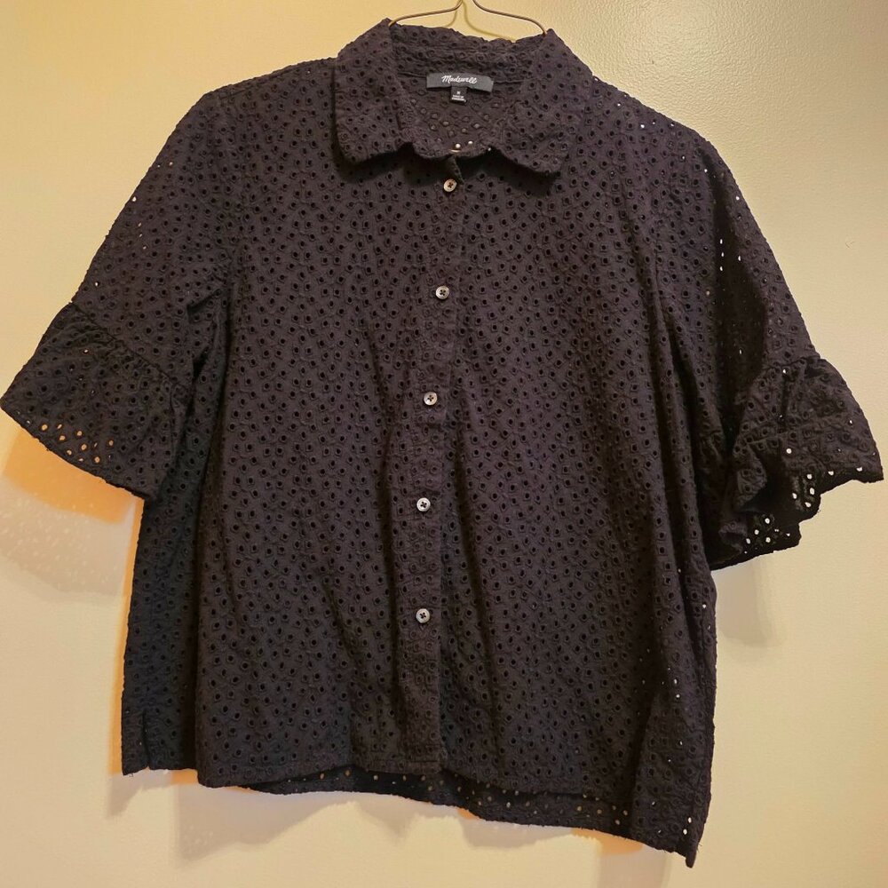 Madewell Black Eyelet Ruffled Bell Short Sleeve Button Front Top M